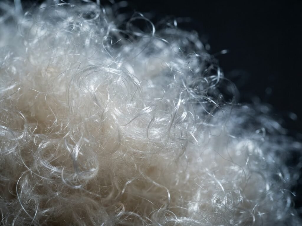 Macro photograph of silky hollow ivory kapok fibers used as a lightweight natural insulation material