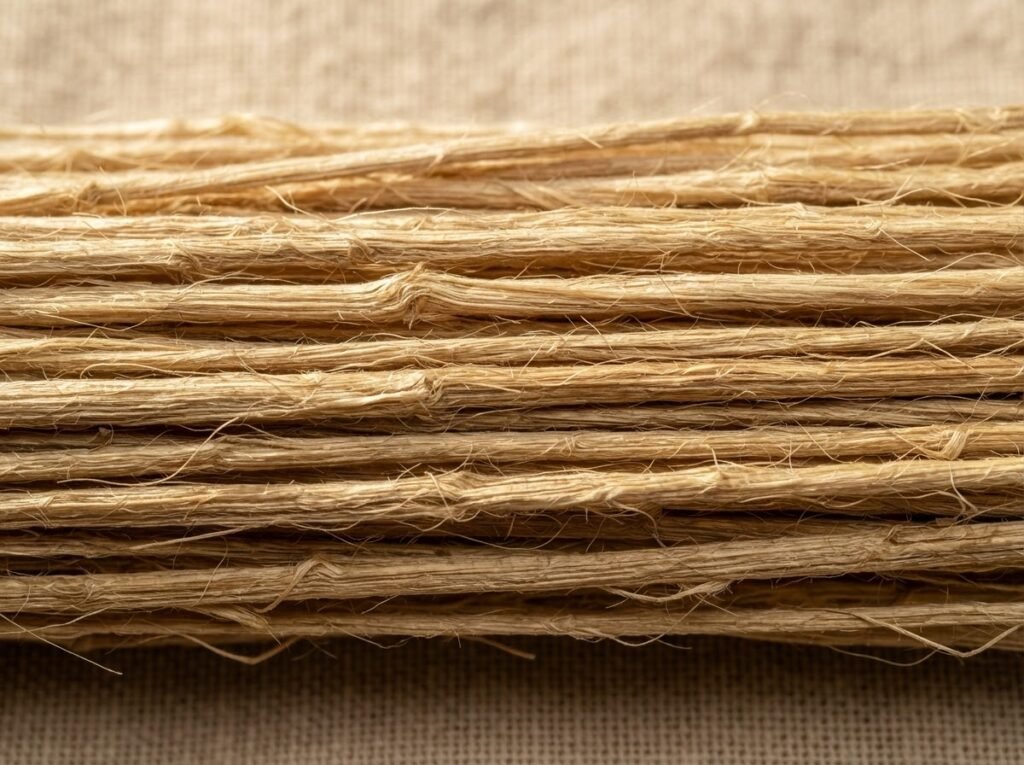 Macro photograph of aligned golden industrial hemp bast fiber bundles
