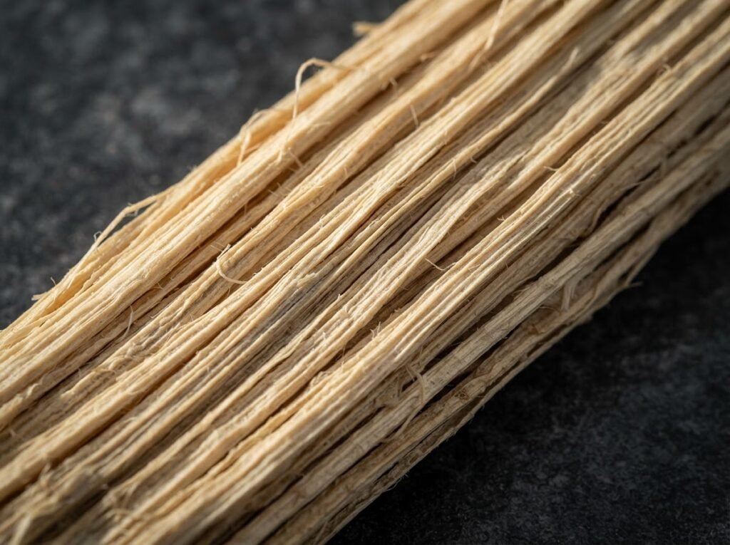 Macro photograph of coarse straw-coloured banana pseudo-stem fiber bundles