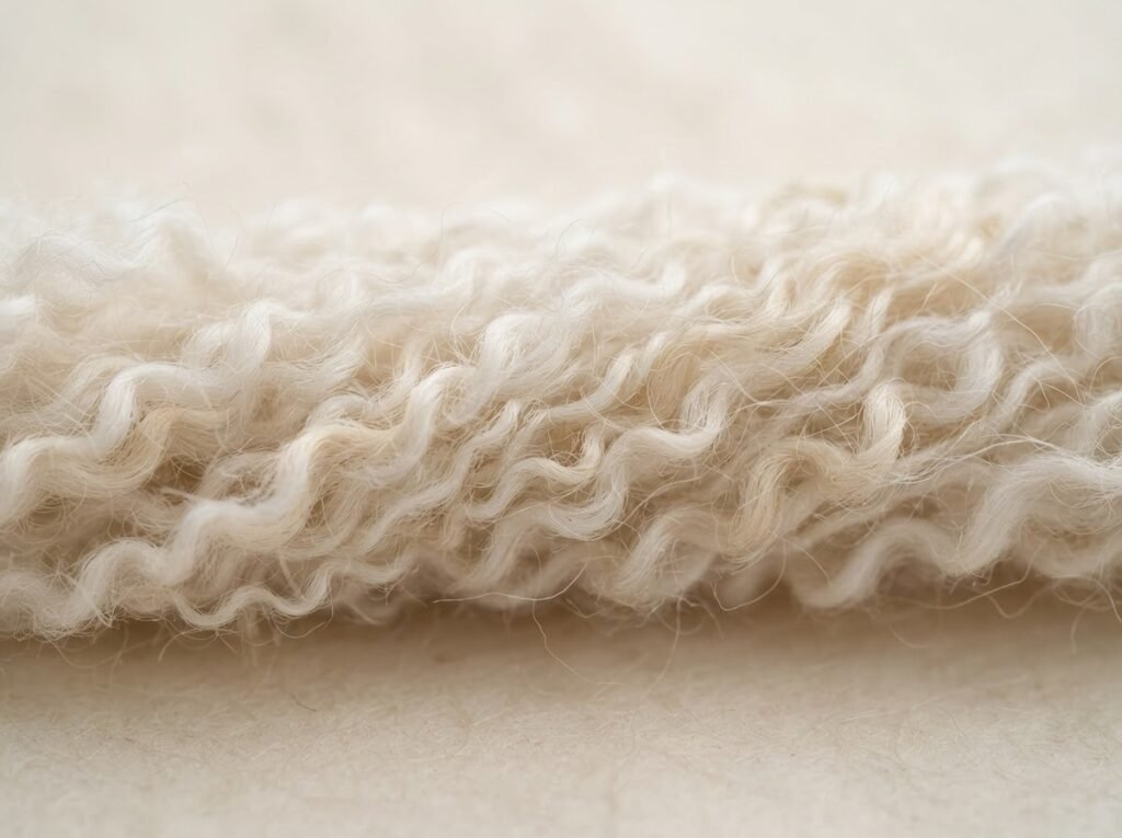 Macro photograph of soft crimped organic cotton staple fiber in a carded sliver
