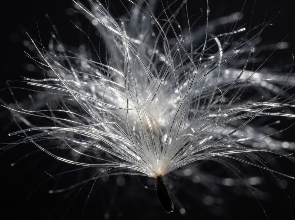 Backlit macro photograph of fine hollow milkweed floss fibers showing translucent lumen cores