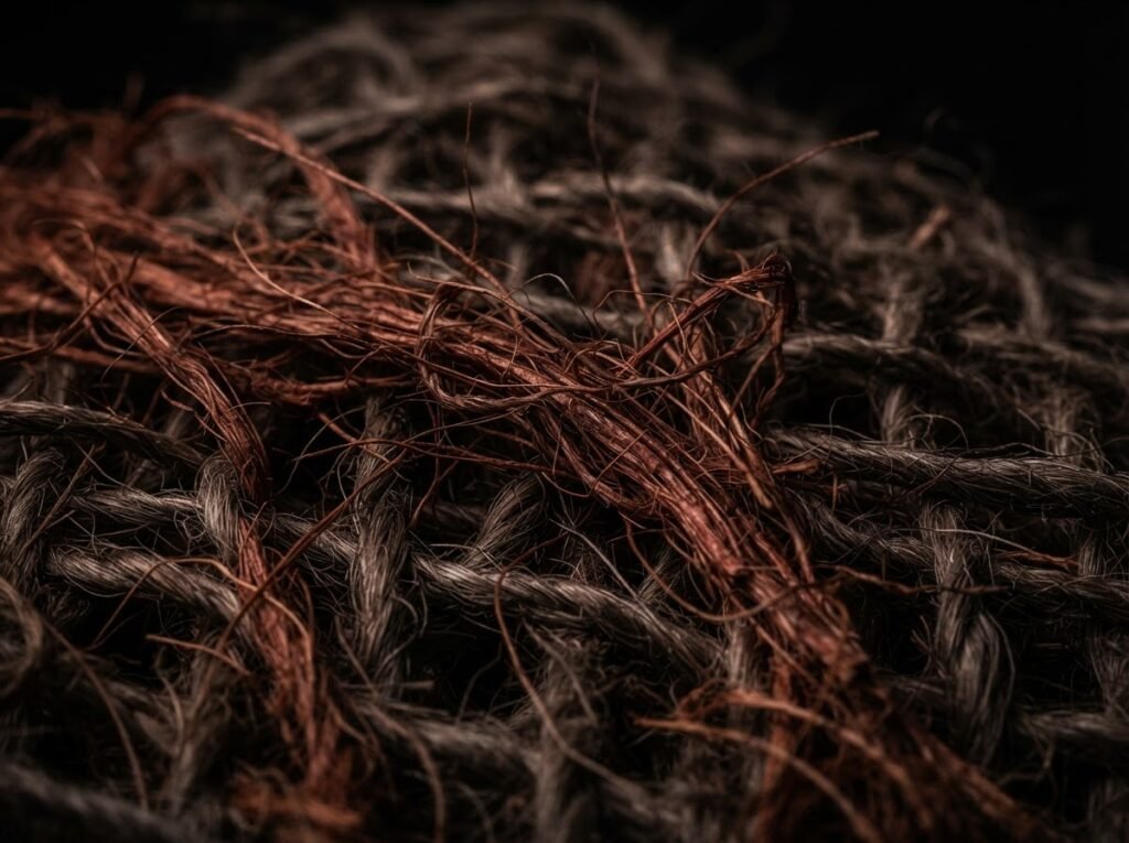 Coarse reddish-brown coir fibers intermixed with darker bast strands