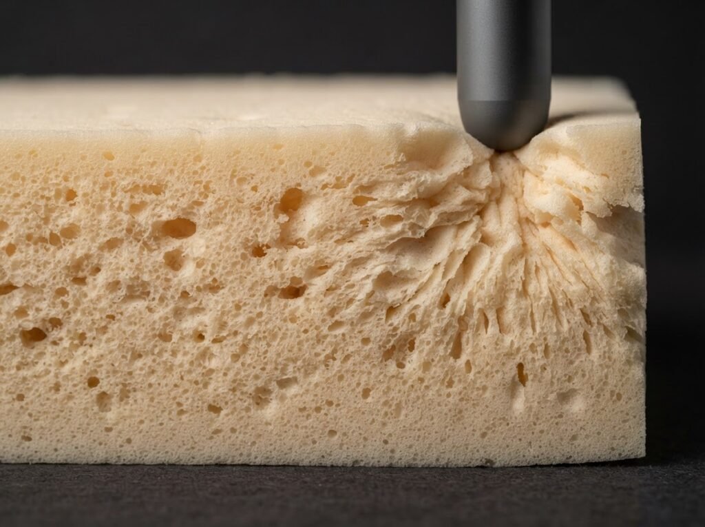Close-up of a pale amber natural latex open-cell foam block