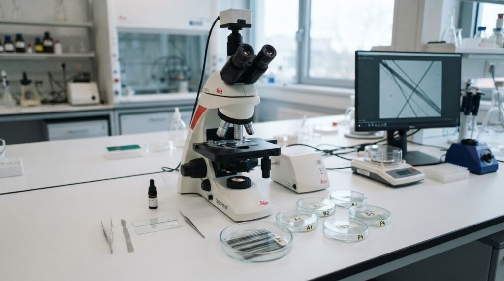 Material science laboratory bench with optical microscope and labelled fiber samples