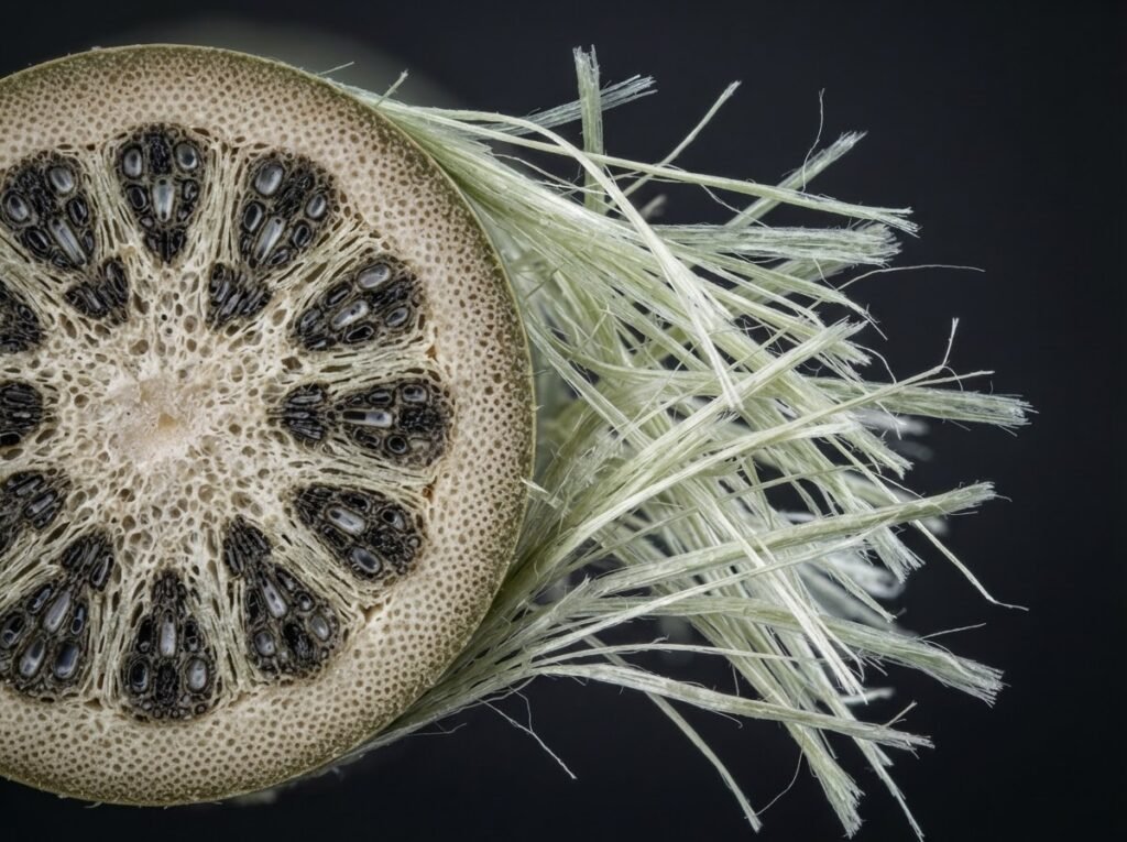 Bamboo cellulose fiber strands beside a bamboo culm cross-section