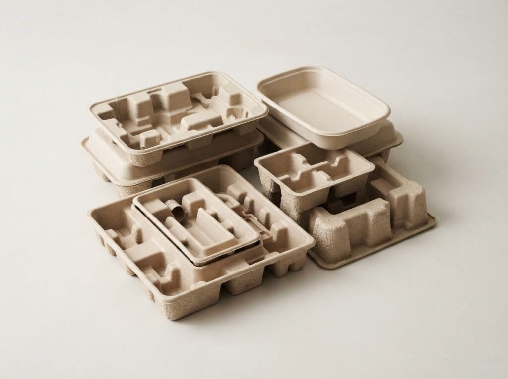 Stacked molded natural fiber protective packaging trays and inserts